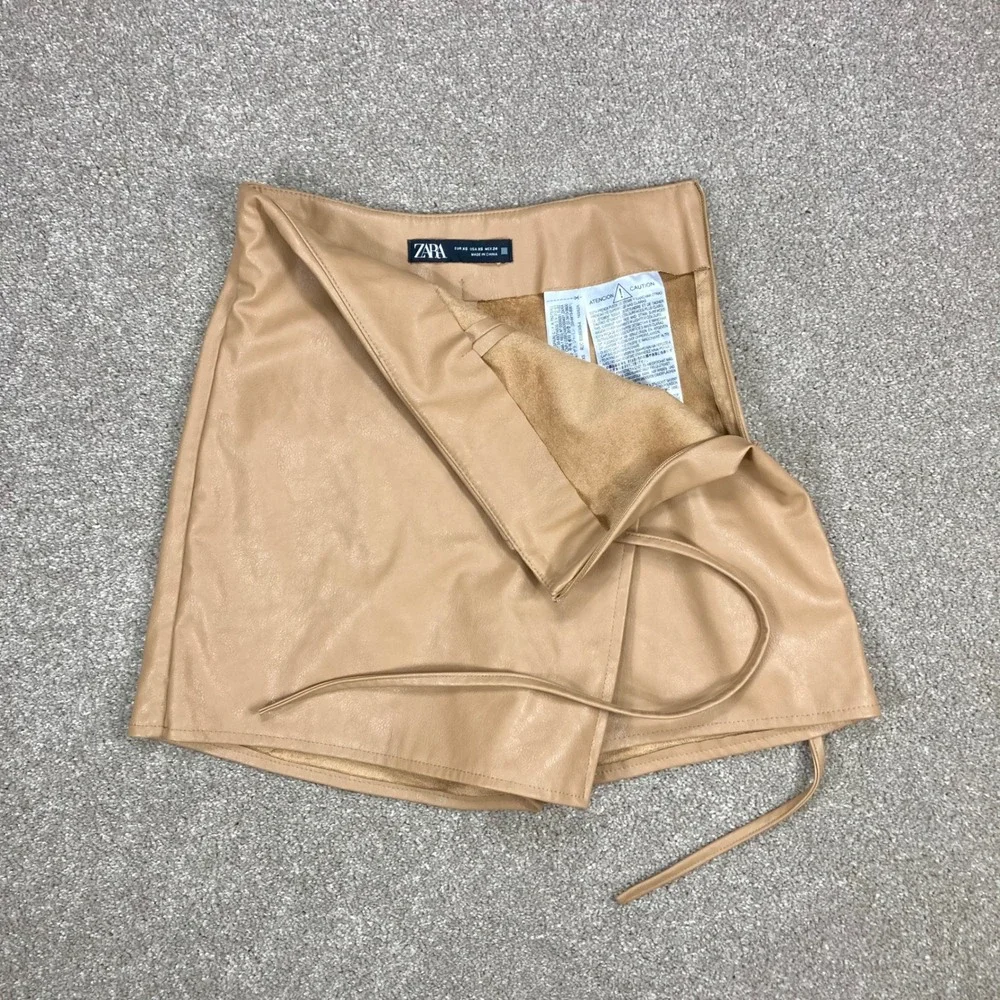 Zara Faux Leather Wrap Skort Womens XS Beige Side Tie Fleece Lined Mini Skirt